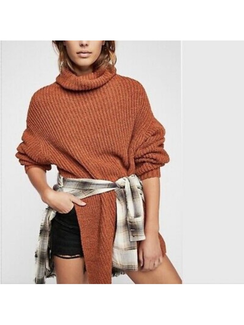 Free People Eleven Cocoa Knit Turtleneck Sweater chunky oversized S